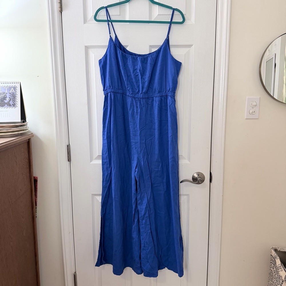 Haute Hippie blue linen wide leg jumpsuit sz L - Picture 2 of 11